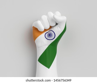 India 15 August Independence day celebration background, national Indian flag painted on hand fist. 3d illustration