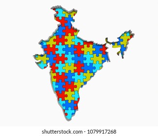 India Asia Indian Puzzle Pieces Map Working Together 3d Illustration