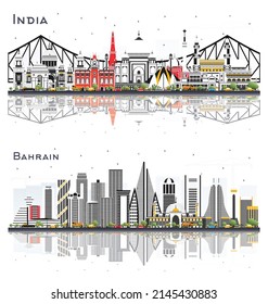 India and Bahrain City Skyline Set with Color Buildings Isolated on White. Delhi. Hyderabad. Kolkata. Travel and Tourism Concept with Historic Architecture. Cityscape with Landmarks.