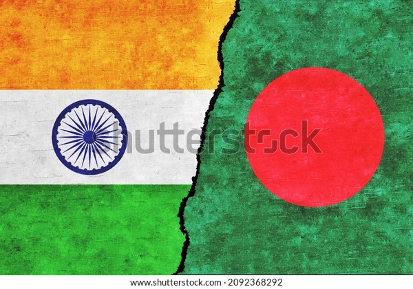India and Bangladesh painted flags on a wall\
with a crack. India and Bangladesh relations. India and Bangladesh\
flags together. India vs\
Bangladesh