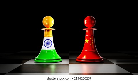 India And China Relations, Chess Pawns With National Flags - 3D Illustration