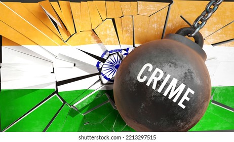 India And Crime That Destroys The Country And Wrecks The Economy. Crime As A Force Causing Possible Future Decline Of The Nation,3d Illustration