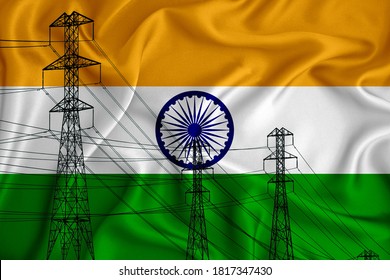 India Flag In The Background Conceptual Illustration And Silhouette Of A High Voltage Power Line In The Foreground A Symbol Of The Upcoming Energy Crisis. 3d Rendering