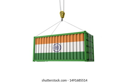 India Flag Cargo Trade Container Hanging From A Crane. 3D Render