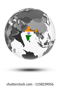 India with flag on globe with shadow isolated on white background. 3D illustration.