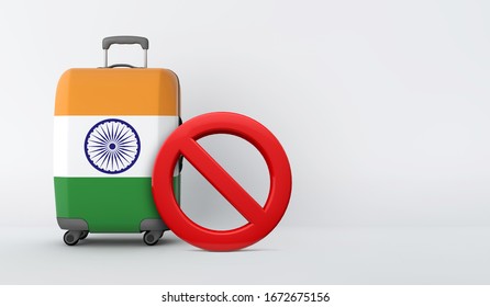 India Flag Suitcase With No Entry Sign. Travel Ban Concept. 3D Render