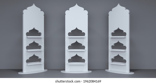 India FSU Gondola End For Supermarket Product Display Shelf. 3d Illustration.