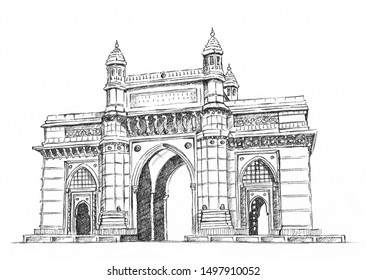 India Gate Mumbai Black and White Hand Drawn Line Drawing 