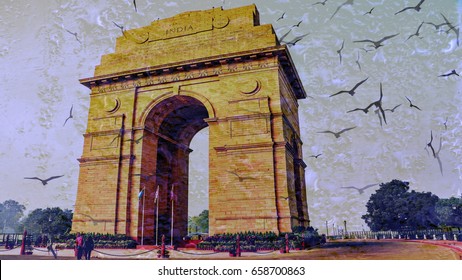 India Gate In Rainy Day Into Rain Drops Windows Illustration Effect - New Delhi, India 