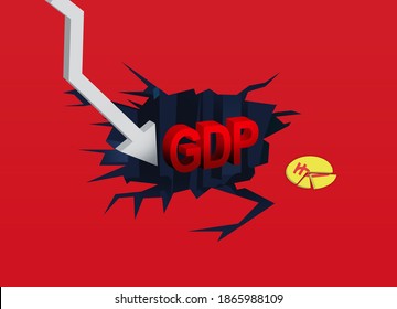 India GDP Downfall Concept, With Down Arrow And Cracked Indian Rupee Coin Illustration