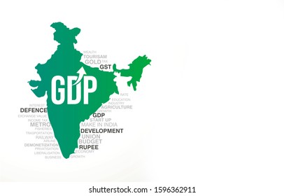 India GDP Growth Concept, Typography, With India Map Illustration Isolated On White Background