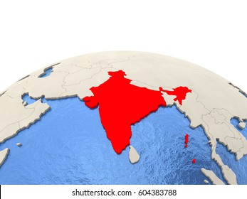 India Highlighted In Red On Globe With Realistic Blue Water. 3D Illustration