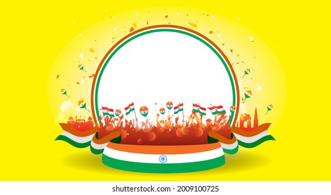 India independence day banner background. People holding flying tricolor flag kite celebrating 15 August and Indian heritage skyline Red fort