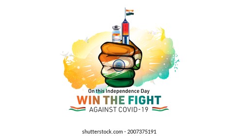 India independence day freedom concept with vaccine injection and win the fight against corona virus covid 19  pandemic typography