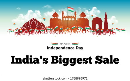 India Independence Day Red Fort  Background,.15 August Indian Republic Day Parade, Celebration With India Get, People, Tricolor Balloons Flag, Fighter Jet, Monuments Kite Flying Illustration