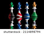india, israel, us and United Arab Emirates flags paint over on chess king. 3D illustration.second quad group.West Asian Quad. i2u2 group. 