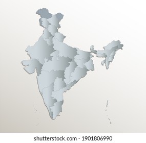 India map, administrative divisions, white blue card paper 3D blank raster