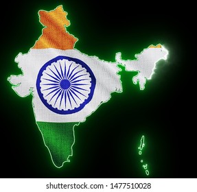 India Map With Neon Lights. Abstract Creative Animation For Led, Neon Outline Of Indian Country With Flag