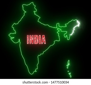 India Map With Neon Lights. Abstract Creative Animation For Led, Neon Outline Of Indian Country With Flag