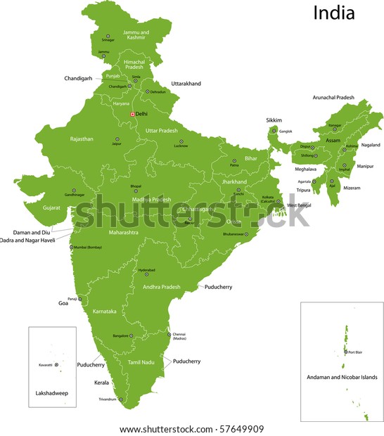 India Map And States And Capitals India-Kaart Met Staten En Hoofdsteden: Stockvector (Rechtenvrij) 55174780 |  Shutterstock