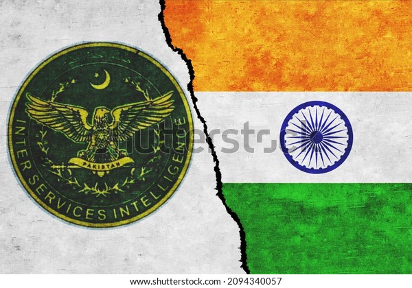 India and\
Pakistan ISI painted flags on a wall with a crack. India and\
Pakistan\'s Intelligence Agency\
conflict