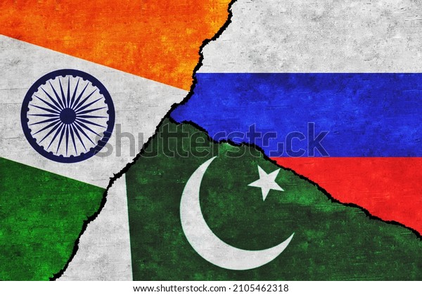 India, Pakistan and Russia\
painted flags on a wall with a crack. India, Pakistan and Russia\
relations
