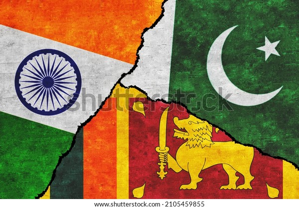 India, Pakistan and Sri\
Lanka painted flags on a wall with a crack. India, Pakistan and Sri\
Lanka relations