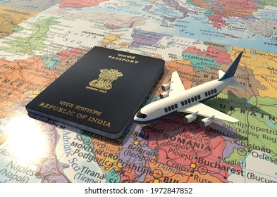 India Passport and an airplane on world map 3D Illustration