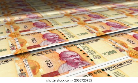 India Rupee Sheet Of Money Print 3d Illustration. INR Banknotes Printing Background Concept Of Finance, Economy Crisis, Inflation And Business.