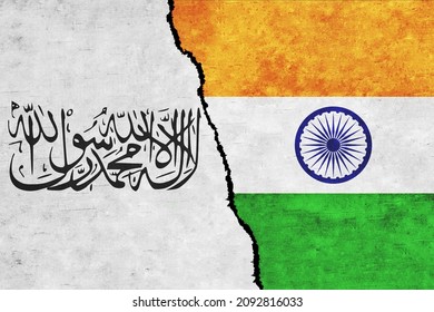 India and Taliban painted flags on a wall with a crack. India and Taliban relations. Islamic Emirate of Afghanistan and India flags together. India vs Taliban