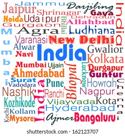 India typography word cloud background pattern with over 50 major Indian cities