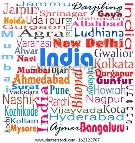 India typography word cloud background pattern with over 50 major Indian cities
