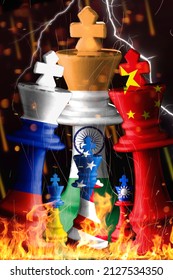 India, Us, Taiwan,ukraine Vs Russia And China Flags Paint Over On Chess King. 3D Illustration. World War 3 Concept.