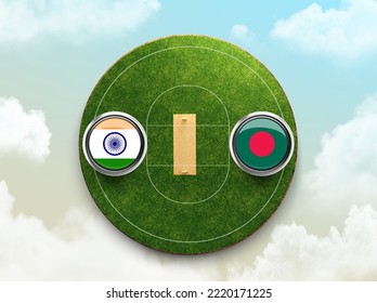 India Vs Bangladesh Cricket Flag With Button Badge On Stadium 3d Illustration