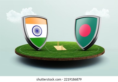 India Vs Bangladesh Cricket Flags With Shield Celebration Stadium 3d Illustration