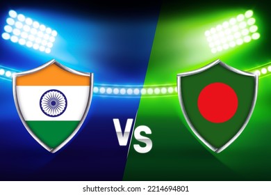 India Vs Bangladesh Cricket Match Fixture In A Glowing Lights Stadium With Flags. Cricket Match Concept Backdrop