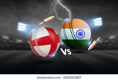 India Vs England Cricket Ball With Flag. 3D Rendering Illustration.