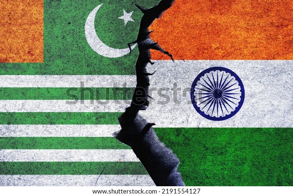India vs Kashmir concept flags on a wall with a\
crack. Kashmir and India war crisis, political conflict, economy,\
relationship, trade\
concept