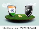 India vs New Zealand cricket flags with shield on Cricket stadium 3d illustration
