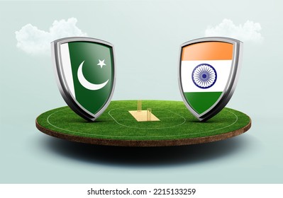 India Vs Pakistan Cricket Flags With Shield Celebration Stadium 3d Illustration