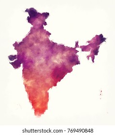 India Watercolor Map In Front Of A White Background