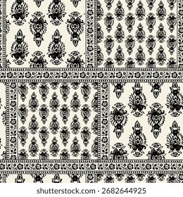  Indian block print patchwork seamless pattern. Traditional black and white ethnic damask and paisley vector background for textiles.