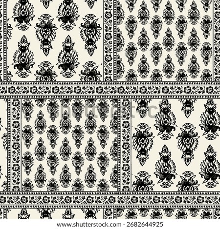  Indian block print patchwork seamless pattern. Traditional black and white ethnic damask and paisley vector background for textiles.