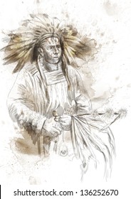 Indian chief holding a peace pipe. /// A hand drawn illustration.