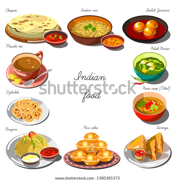 Indian Cousine Set Collection Food Dishes Stock Illustration 1380385373 ...
