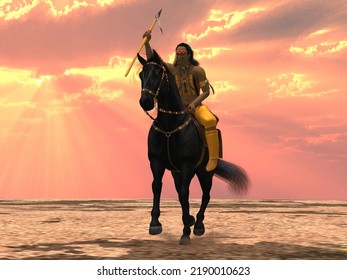 Indian The Falcon 3d Illustration - An American Indian Rides His Black Horse In A Desert Landscape With War Paint On His Face.