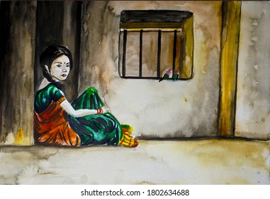 Indian girl in sari watercolor painting.Modern art.