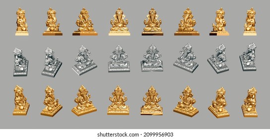 Indian God Ganesha 3d Model Set From Different Angles In Golden And Silver Color For Vfx, Movie Post Production Projects