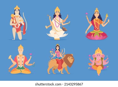 Indian god. Ganesha vishnu lakshmi and saraswati characters fantasy mascot