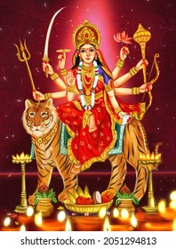 Indian Goddess Sherawali Maa Sitting on Tiger illustration Durga Mata Navratri Greeting